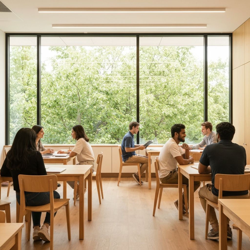 Students collaborating in a modern, sunlit language learning classroom