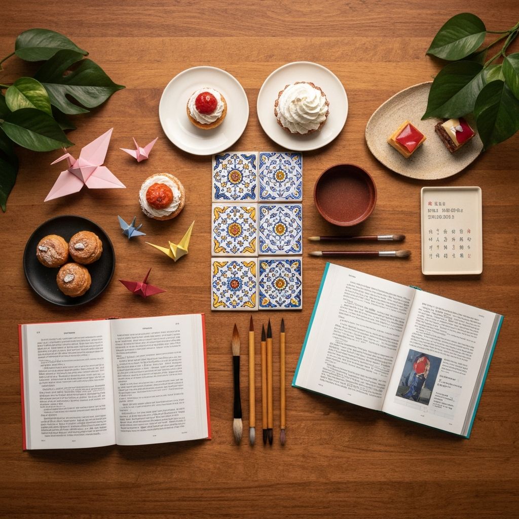 Cultural items from around the world representing language learning